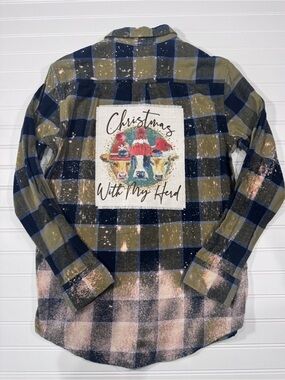 Custom Up Cycled Bleached Flannel with Cow Christmas Patch